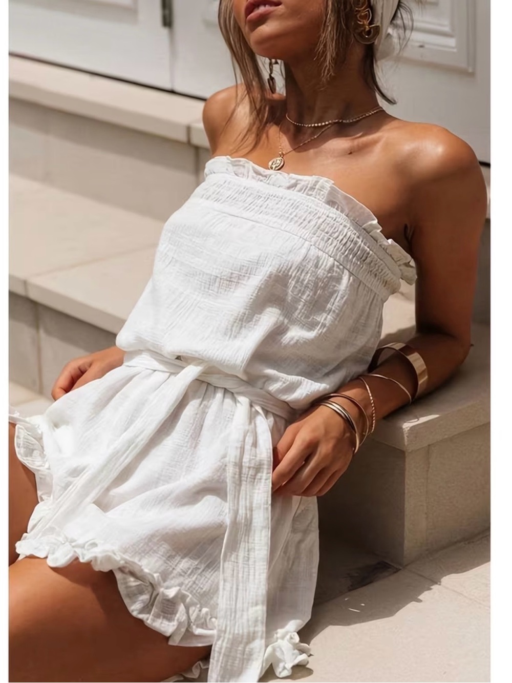 SO CHIC BOUTIQUE WHITE RUFFLE ROMPER WITH BELT!